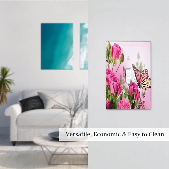 Pink Flower Butterfly 1 Gang Light Switch Plate Decorative Single Toggle Wall Plate Cover Electrical Switchplate Faceplate Rose Pink Floral Spa Home of Spring House Nature Garden Plant Bathroom Decor