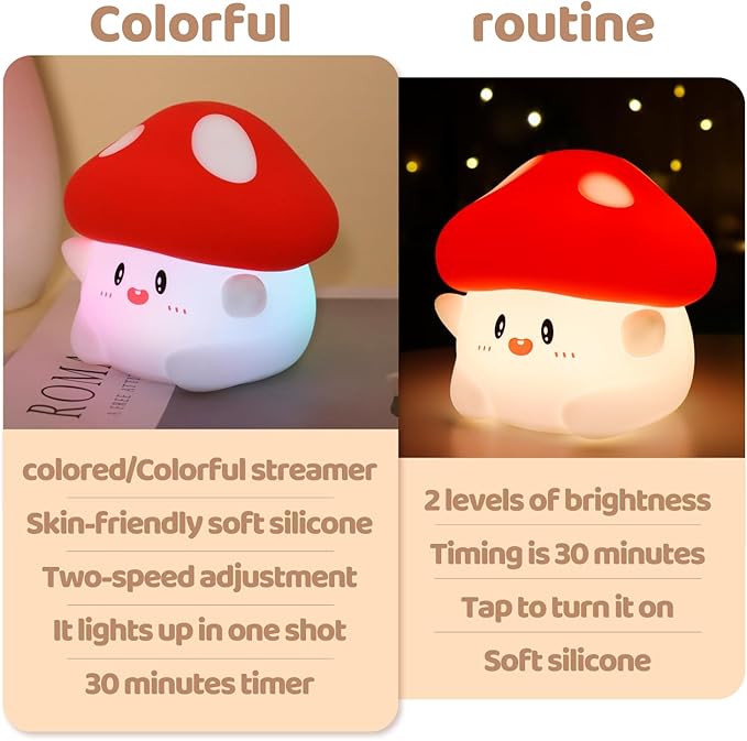 Rytinazzz Mushroom Night Light, Color Changing & 50-Hour Battery, Squishy Lamp with Pat Control for Kids Room Decor, USB Rechargeable, Mothers Day Gifts