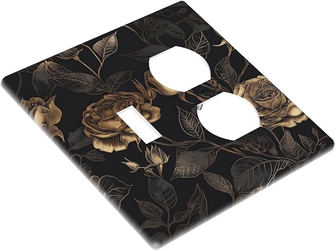 Black Floral Dark Vintage Gold Rose Flower Wallplates 1 Toggle 1 Duplex Switch Plate Electrical GFCI Faceplate Decorative Light Switch Covers for Bedroom Living Room Decor
