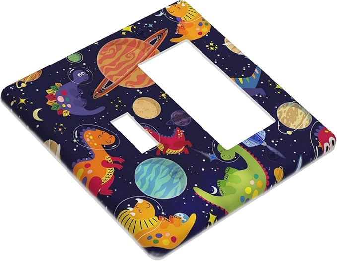 2-Gang 1-Toggle 1-Decora/GFCI Device Combination Wall Plate Navy Blue Funny Dino Fun Kids Dinosaur Universe Outer Space Nebula Baby Boy Girl Playroom Combo Toggle Decorator Outlet Light Switch Cover