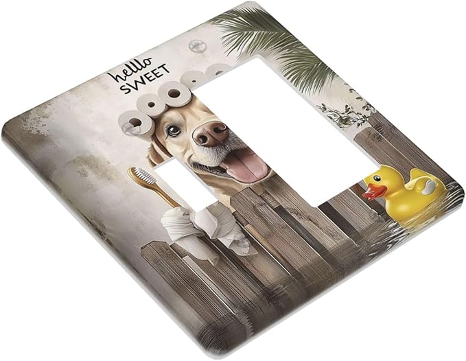 Funny Dog Rustic Farmhouse Wooden Fence Labrador Outlet Covers 1 Toggle 1 Rocker Combination Decorative Wall Plate Electrical Switch Plates Light Switch Cover Plate For Kids Room Bathroom Decor