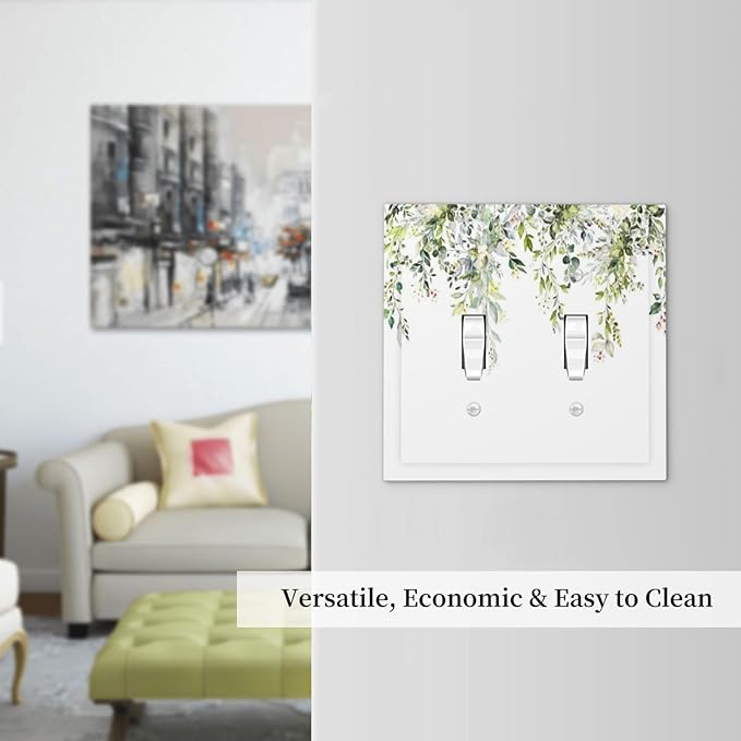 Decorative Switch Plates Green Eucalyptus Leaves Floral Wildflower 2 Gang Double Toggle Outlet Light Switch Cover Wall Plate Electrical Faceplate For Bed Room Living Room Decor