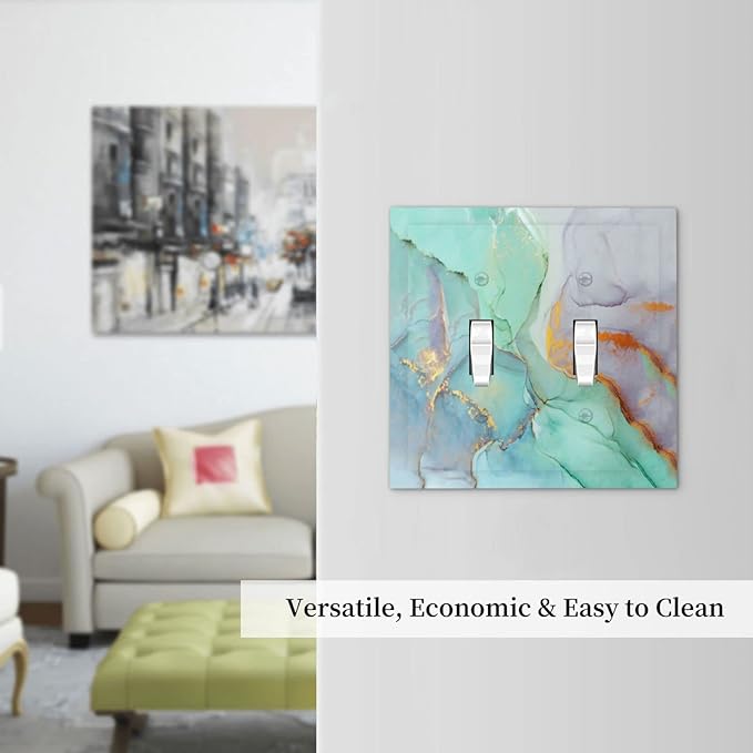 Teal Green Marble 2 Gang Double Toggle Light Switch Cover Decorative Wall Plate Faceplate for Kids Boys Girls Bathroom Home Living Room Decor 5" x 4.9