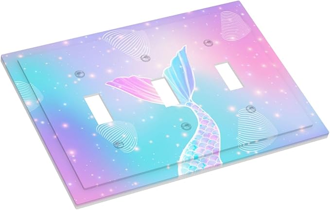 Mermaid 3 Gang Light Switch Cover Rainbow Tail Scales Jelly Fish Triple Toggle Wall Plate Decorative Electrical Switchplates Faceplate for Nursery Girls Boys Room Kids Room Decor