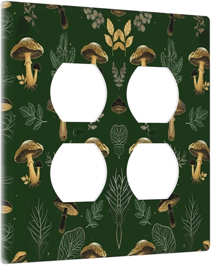 Decorative Outlet Covers Cute Gold Mushtroom Green Plant Leaf 2 Gang Light Switch Cover Plate Double Duplex Wall Plates for Electrical Outlets Switch Plate Covers for Bedroom Home Decor