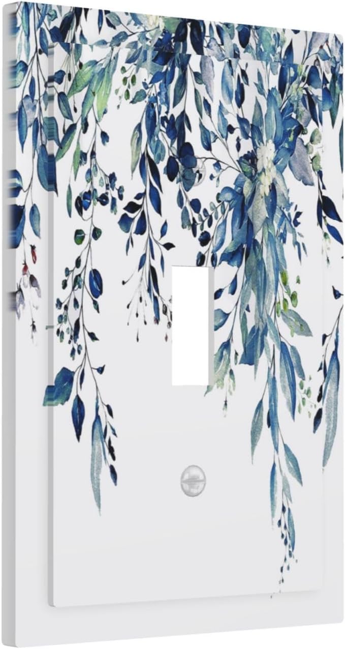 Blue Eucalyptus Watercolor Leaves 1 Gang Light Switch Cover Decorative Green Plant Single Toggle Wall Plate Switchcovers Electrical Switchplate Home Decor for Bathroom Living Room Bedroom Decorate