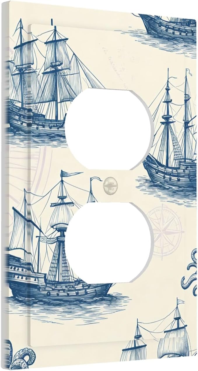 Vintage Nautical Ships Duplex Wall Plate - 1-Gang Standard US Size Old World Sailing Vessels Outlet Covers, Blueprint Design for Beach House Decor