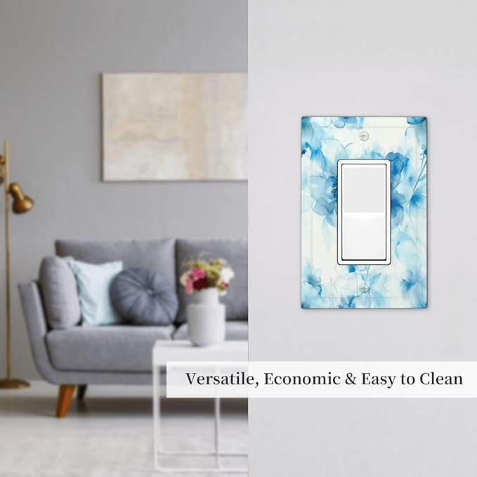 Watercolor Flower Blue White Large Floral Leaf Plants Decorative Outlet Covers 1 Gang Single Rocker Light Switch Cover Plate Wall Plates GFCI Faceplate for Bedroom Living Room Decor