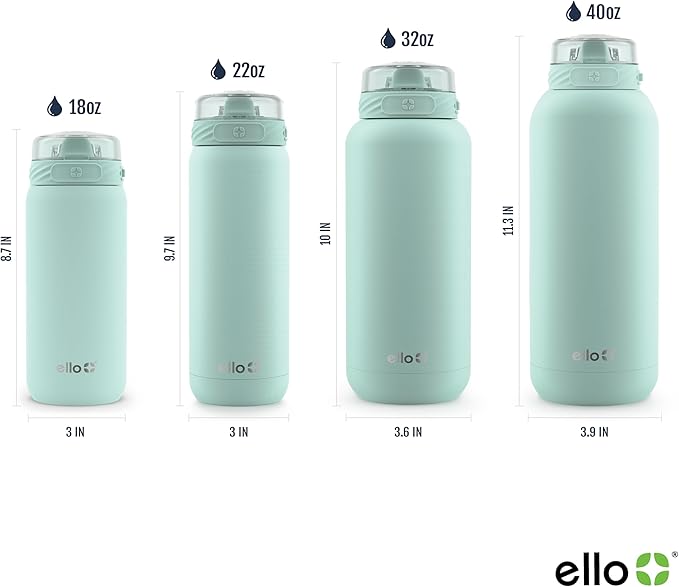 Ello Cooper 32oz Stainless Steel Water Bottle with Straw and Carry Handle, Double Walled and Vacuum Insulated Metal, Leak Proof Locking Lid with Soft Silicone Spout, Reusable, BPA Free, Yucca