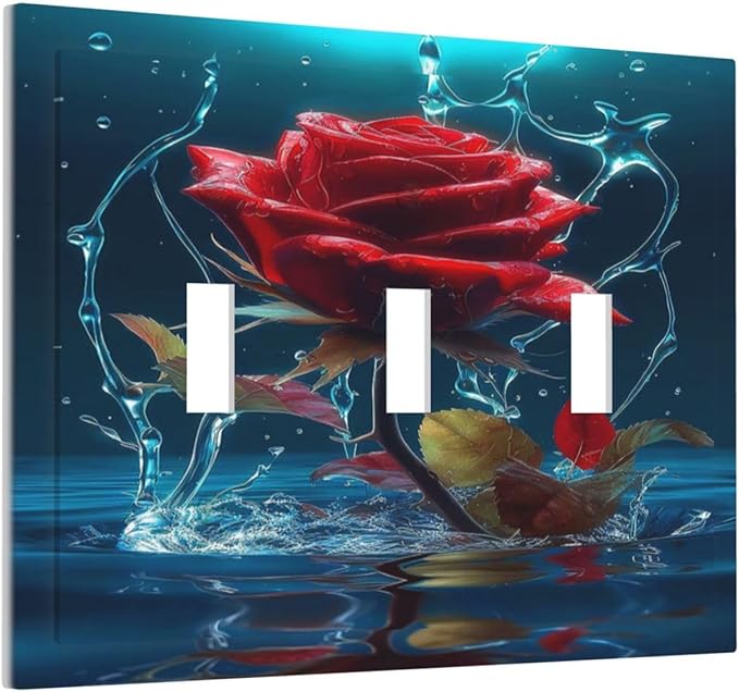 Red Rose Blue Water Drips 3 Gang Light Switch Plate Decorative Triple Toggle Wall Plate Cover Electrical Faceplate Switchcover for Kidroom Bathroom Home Bedroom Art Panel Decor