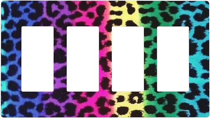 Rainbow Leopard 4 Gang Quad Rocker/GFCI Light Switch Wall Plate Cover Plate Decorative Electrical Faceplate for Colourful Leopard Bathroom Room Decorate Jumbo Size Screwless 8.3" x 4.6
