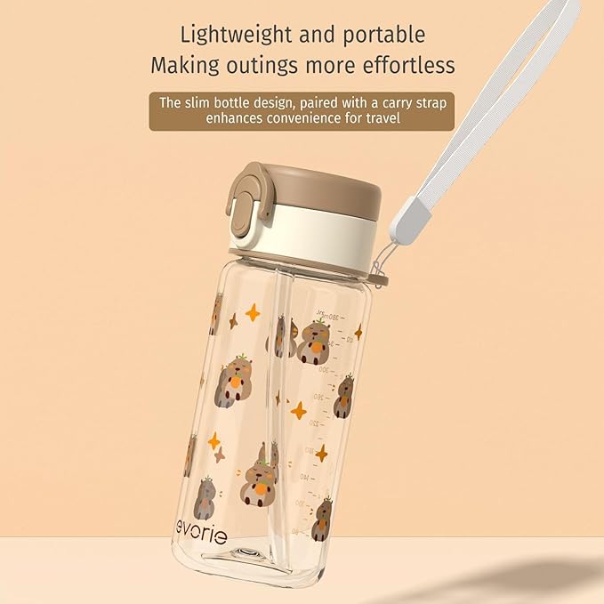 Evorie Tritan Kids Water Bottle with Straw, 13oz BPA-Free Leak Proof Drinking Bottle for School & Travel, Clear Water Bottle with Carry Strap, Dishwasher Safe, for Kids Ages 3+ (Capybara)