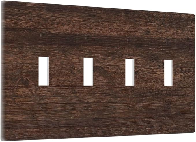 Decorative Switch Plate Cover with Rustic Dark Wood Grain & Vintage Style Design 4 Gang Artistic Wall Plate Unique Quad Toggle Light Switch Covers for Kitchen/Living Room