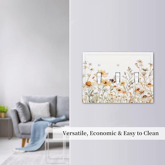Yellow White Daisy Floral Bee Wild Flower Decorative Switch Plates 3 Gang Wall Plate Triple Toggle Light Switch Cover Faceplate Electrical Wall Panels for Bedroom Living Room Decor