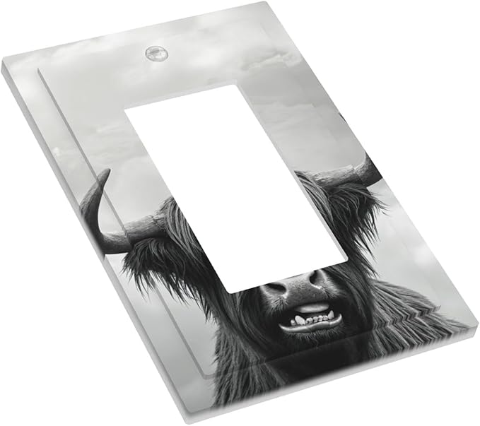 Highland Cow Black & White Portrait Single Rocker Switch Cover - 1-Gang Standard US Size Playful Farm Animal Light Switch Covers for Living Room Decor