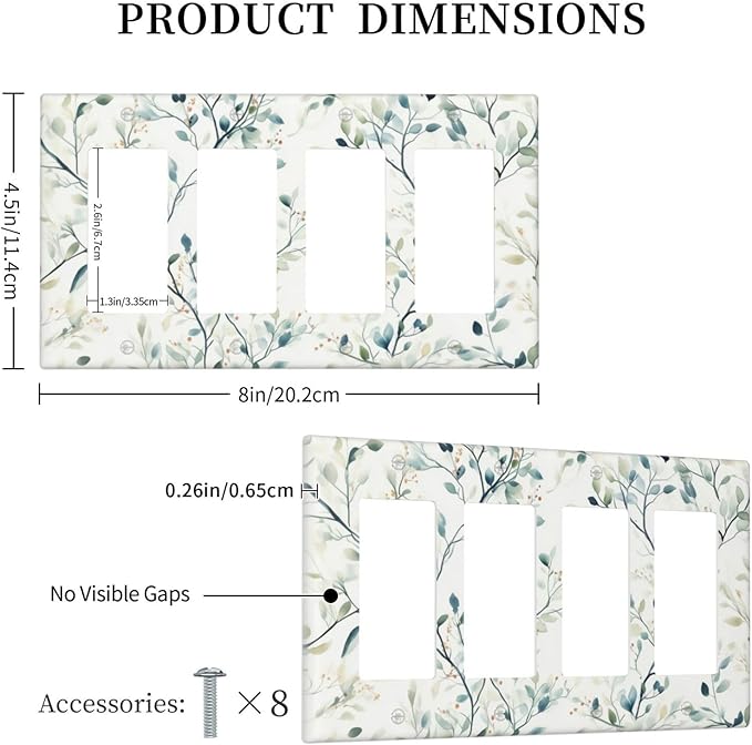Watercolor Floral Green Leaves 4 Gang Light Switch Cover Green Botanical Flowers Quad Rocker Outlet Covers Wall Plate Decorative Faceplate for Bedroom Kitchen Living Room Decor