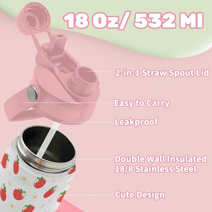 Insulated Water Bottle 18oz, Strawberry Gifts Water Bottle with 2-in-1 Straw and Spout Lid, Strawberry Cup Leakproof, Strawberries Cup for Strawberries Lovers, Birthday Gift Ideal for Girls