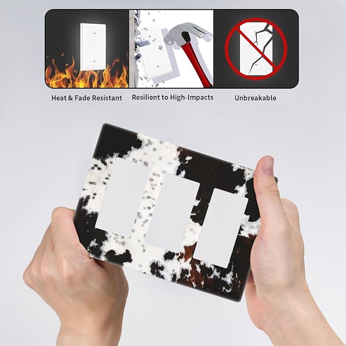Western Black White Brown Cow Decorative 3 Gang Triple Decorator Light Switch Cover Highland Cowhide Wild Animal Fur Skin Spots Cheetah Leopard Print Three Device GFCI/Rocker Switch Face Wall Plate