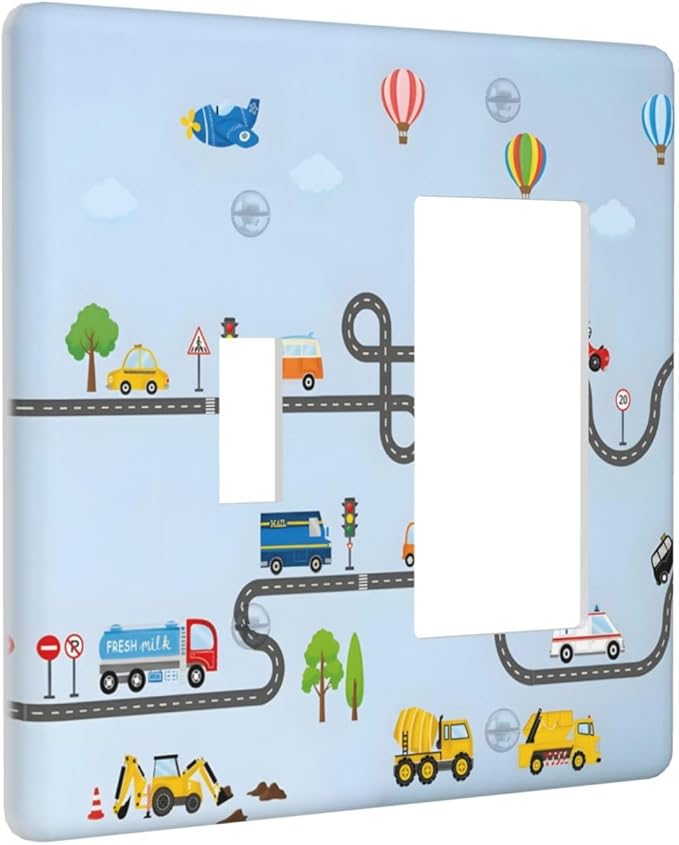 Road Construction Car Truck Hot Air Balloon Outlet Covers 1 Toggle 1 Rocker Combination Decorative Wall Plate Electrical Switch Plates Light Switch Cover Plate for Nursery Kids Room Decor
