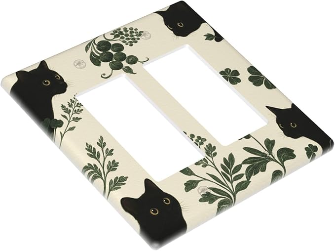 Decorative Outlet Covers Funny Black Cat Green Leaf 2 Gang Light Switch Cover Plate Double Rocker Wall Plates for Electrical Outlets Switch Plate Covers for Bedroom Home Decor