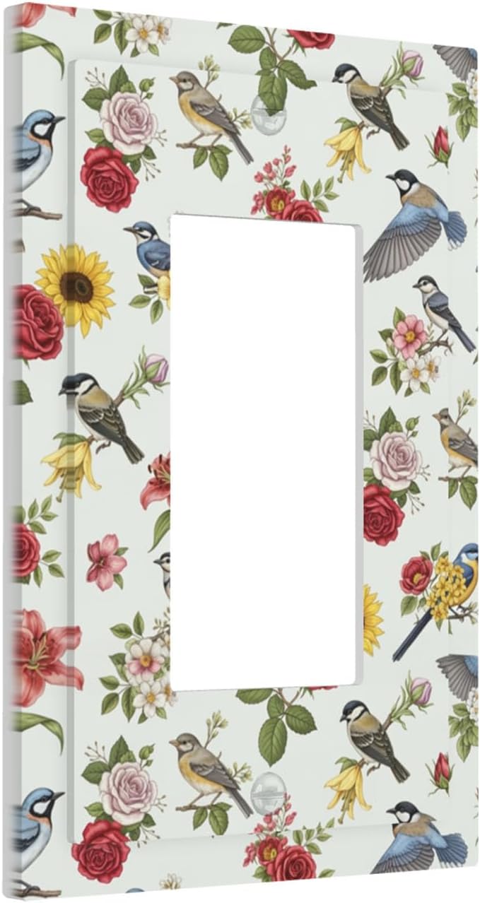 Vintage Birds & Blooms Single Rocker Switch Cover - 1-Gang Standard US Size English Countryside Chintz Light Switch Covers, Botanical Floral & Songbird for Bedroom Decor