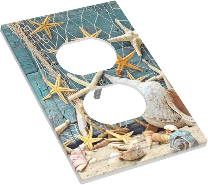 Rustic Coastal Seashell Duplex Wall Plate - 1-Gang Standard US Size Fisherman's Catch Beach Scene Outlet Covers for Bathroom Decor