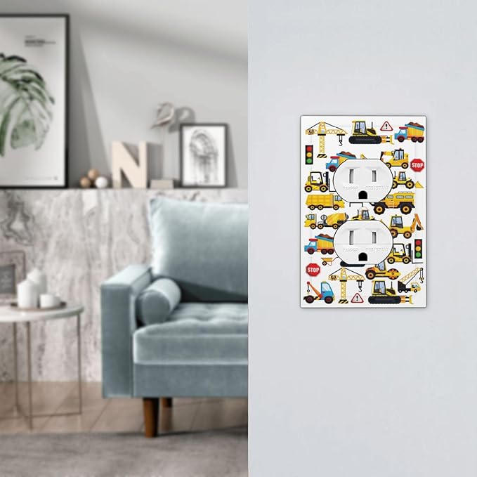 Cool Kids Boys Play Room Construction Trucks Cartoon Cars Vehicles Transport 1 Gang Duplex Wall Plate Electrical Receptacle Outlet Cover Decorative Dual Device Mid Size Light Switch Plug Face Plate