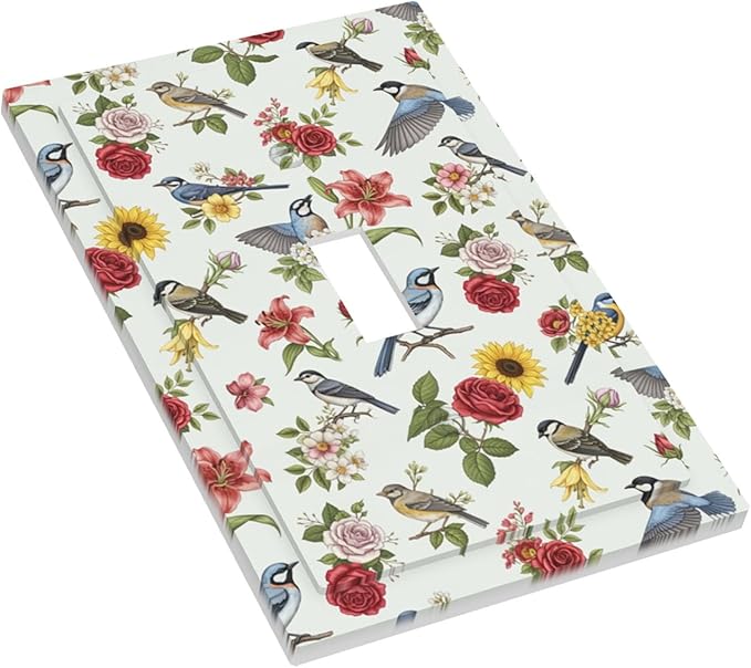 Vintage Birds & Blooms 1-Gang Toggle Light Switch Plate, English Countryside Chintz Botanical Floral & Songbird Decorative Wall Plate for Bedroom Decor