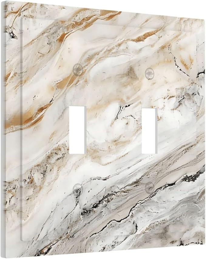 Matte Beige Gold Marble Granite Abstract Print Decorative Switch Plates 2 Gang Double Toggle Outlet Light Switch Cover Wall Plate Electrical Faceplate for Bathroom Kitchen Decor
