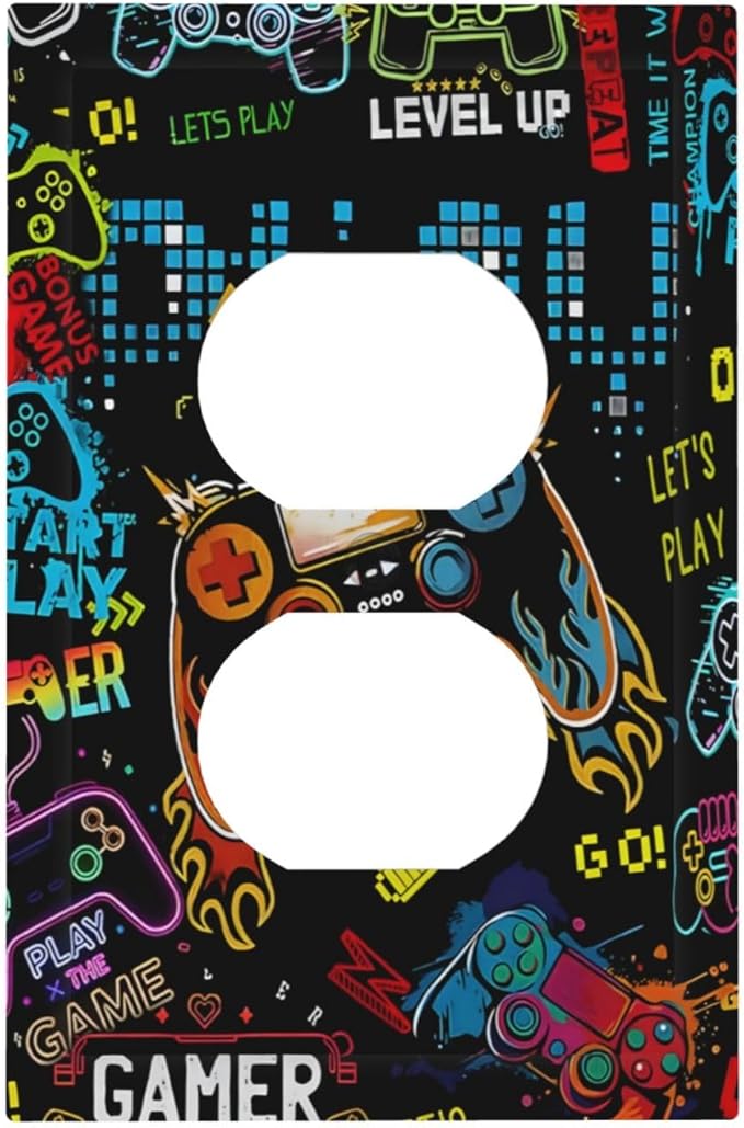 Gamer Video Game Themed Cool Controller Print Outlet Covers 1 Gang Duplex Light Switch Cover Decorative Switch Plates Electrical Receptacle Faceplate Wall Plate for Kids Room Office Decor