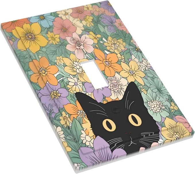 Decorative Light Switch Cover Funny Cute Cartoon Cat Floral Colorful Flower 1 Gang Single Toggle Device Electrical Faceplate Switchplates Decorator Outlet Wall Plate For Kids Room Nursery