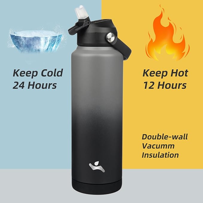 Konokyo Insulated Water Bottle with Straw Lid,40 oz Stainless Steel Vacuum Metal Bottle with Silicone Handle,Gray Black