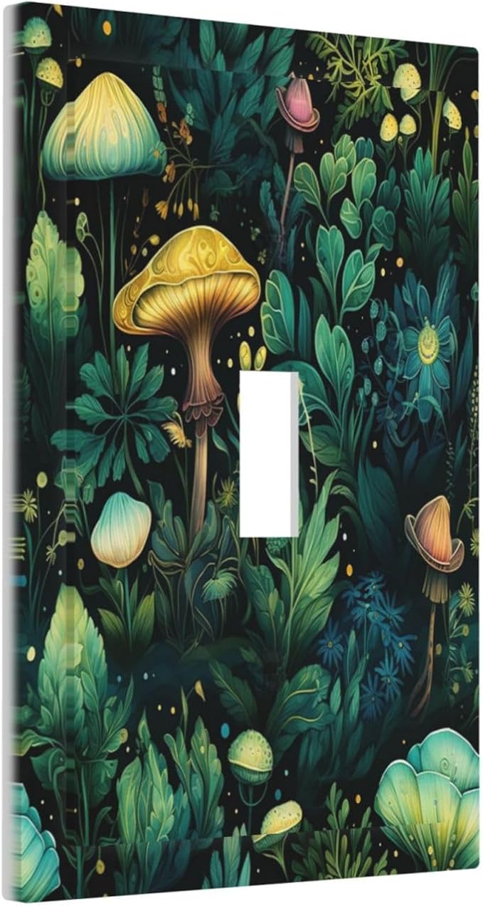 Green Dark Forest Mystical Mushroom 1 Gang Light Switch Covers Single Toggle Wall Plate Decorative Switchcover Electrical Switchplate for Country Bathroom Bedroom Kitchen Decor