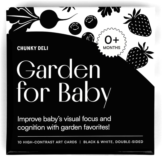 Garden for Baby Black and White Cards by Chunky Deli | High Contrast Sensory Toy for Newborn Visual Stimulation & Tummy Time | 10 Laminated Infant Learning Cards | Unique Foodie