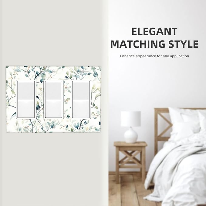 Watercolor Floral Green Leaves Triple Rocker Light Switch Cover Green Botanical Flowers 3 Gang Rocker Switchplates Wall Plate Decorative Faceplate for Bedroom Kitchen Living Room Decor