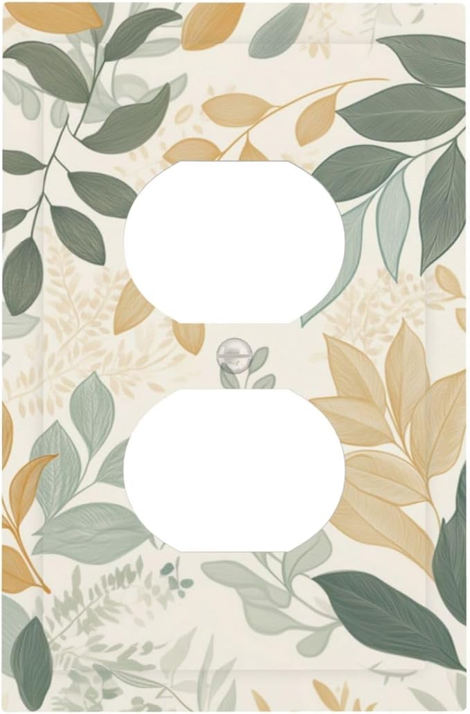 Boho Watercolor Leaves 1 Gang Electrical Duplex Outlet Covers Green Botanical Light Switch Cover Receptacle Wall Plate Decorative Faceplate for Country Bedroom Kitchen Home Living Room Decor