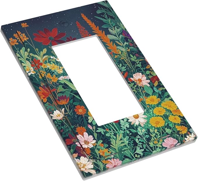 Decorative Light Switch Cover Plate with Wildflowers & Stars Botanical Floral Art Design 1 Gang Rocker Outlet Covers Single Decora Gfci Device Wall Plate for Garden Theme Wall Decor
