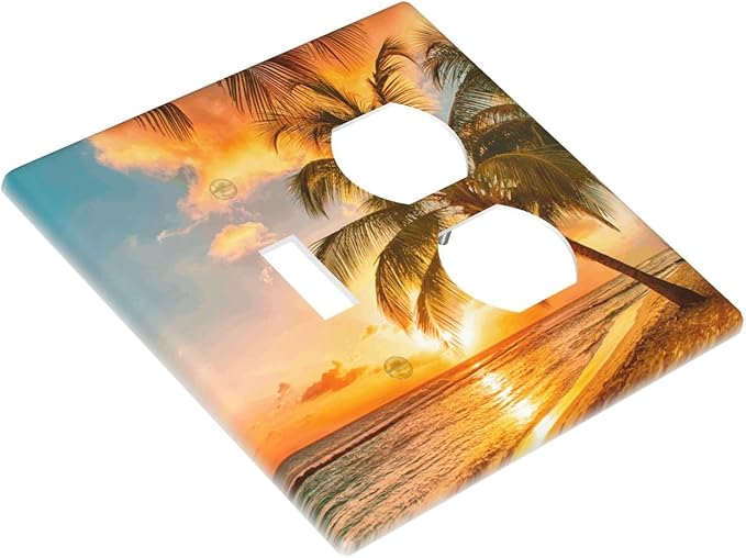 Decorative Outlet Covers Tropical Beach Ocean Palm Trees Hawaiian Sunset 2 Gang Wall Plate Single Toggle Duplex Light Switch Cover Switch Plate Covers Faceplate for Bedroom Decor