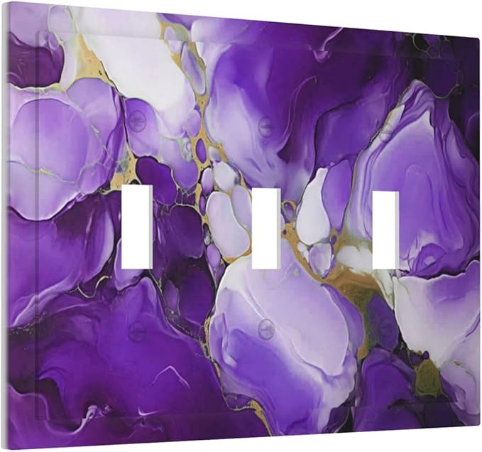 Decorative Light Switch Cover Plate Abstract Luxury Purple Gold Marble Textures 3 Gang Wall Plate Oversized Triple Toggle Switch Cover Plate Jumbo Electrical Face Plate for Bedroom Decor
