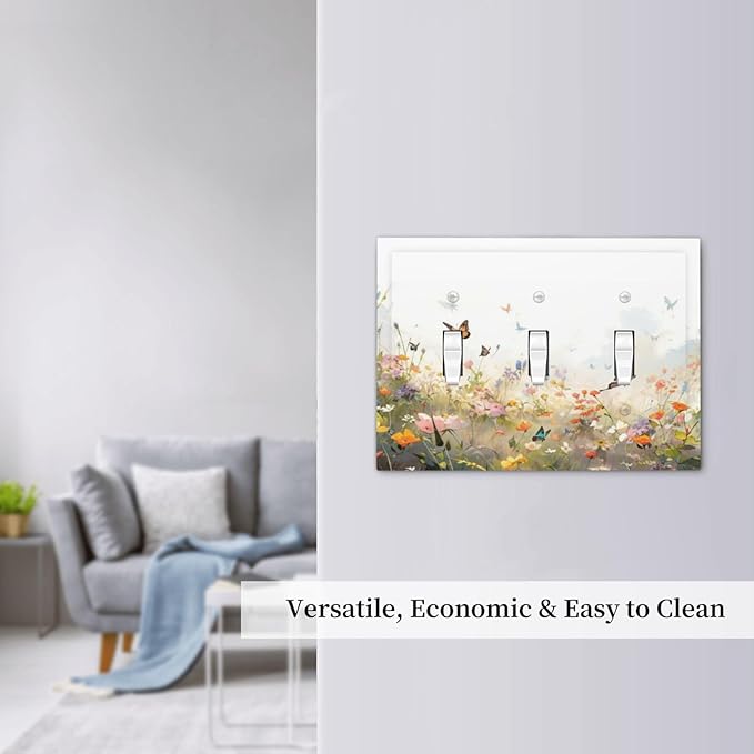 Wildflowers Watercolor Floral Colorful Butterfly Decorative Switch Plates 3 Gang Wall Plate Triple Toggle Light Switch Cover Faceplate Electrical Wall Panels for Farmhouse Bed Room Decor