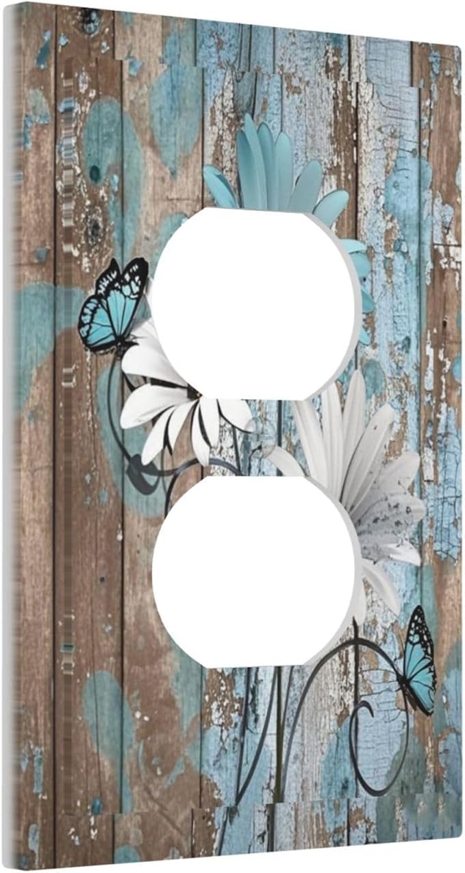 Outlet Covers Rustic Flower Teal Turquoise Daisy Butterfly 1 Gang Duplex Light Switch Cover Decorative Switch Plates Electrical Receptacle Faceplate Wall Plate For Farmhouse Cabin Decor