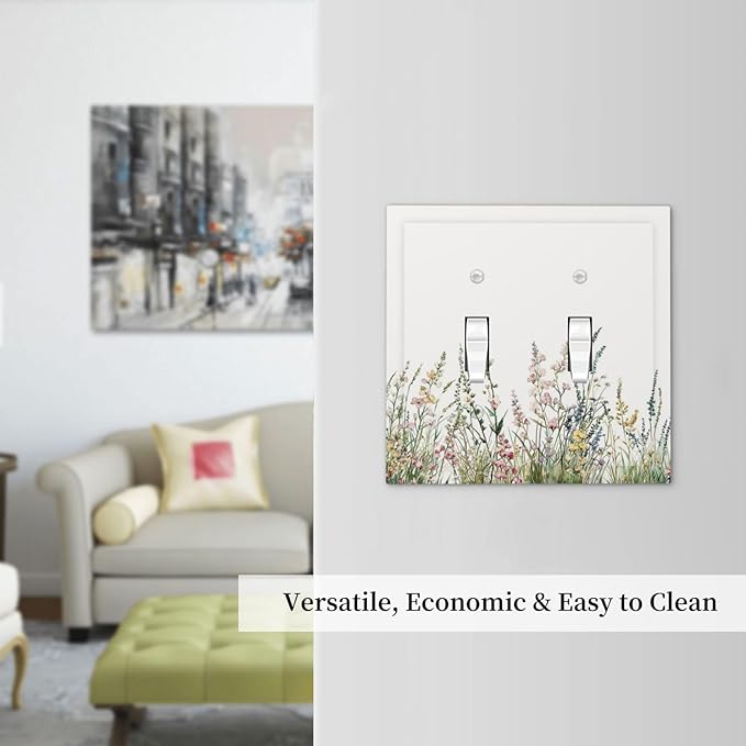 Decorative Switch Plates Boho Wildflower Green Leaves Rustic Floral Botanical 2 Gang Double Toggle Wall Plate Outlet Light Switch Cover Electrical Faceplate for Bedroom living Room Decor