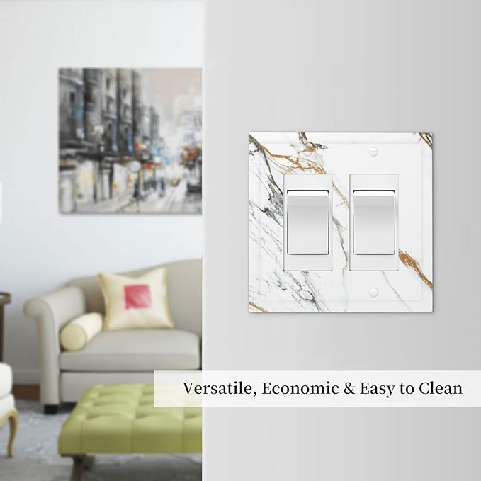 White Gold Marble Modern Abstract Luxury Print Decorative Outlet Covers 2 Gang Double GFCI Rocker Electrical Wall Panels Light Switch Cover Plate for Bathroom Kitchen Decor