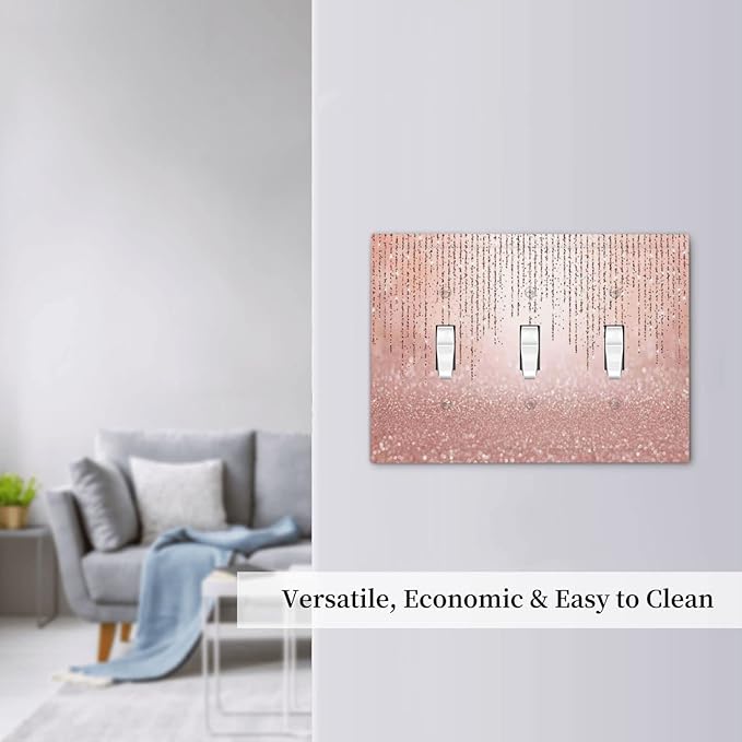 Pink Glittery Bling 3 Gang Triple Toggle Light Switch Wall Plate Cover Decorative Electrical Faceplate for Rustic Barn Door Home Living Room Decorate 6.7" x 4.8