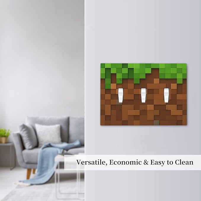 Pixel Style Gamer Themed Grass Block Decorative Switch Plates 3 Gang Wall Plate Triple Toggle Light Switch Cover Faceplate Electrical Wall Panels for Kids Room Office Home Decor