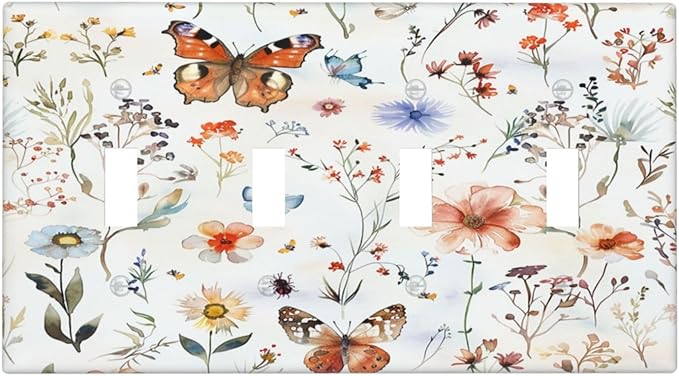 Light Switch Covers Butterfly Floral Boho Multicolor Flower Leave Quad Toggle Electrical Faceplate 4 Gang Wall Plate Decorative Switch Plates for Bed Room living Room Decor