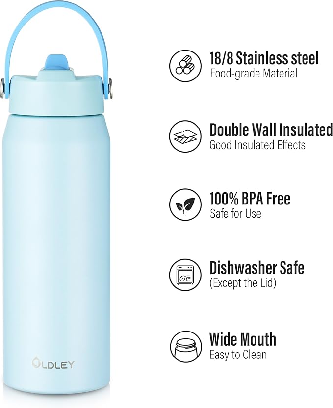 Oldley 24oz Insulated Water Bottle with Straw, Stainless Steel Water Bottle for Sports, Travel, School, BPA-Free Sports Bottles for Adult Kids, Leak-Proof, Light Blue