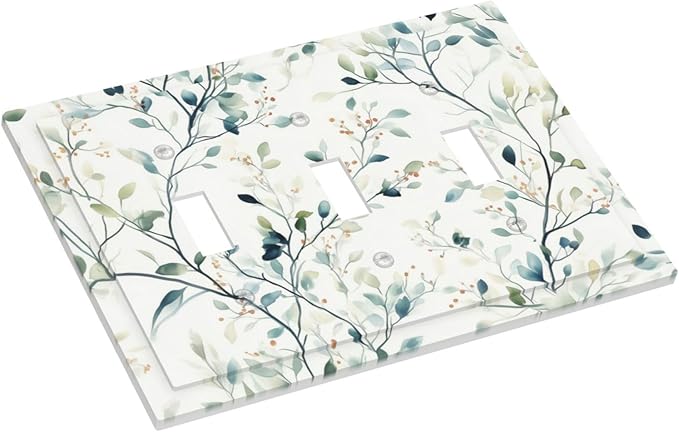 Watercolor Floral Green Leaves 3 Gang Light Switch Cover Green Botanical Flowers Triple Toggle Wall Plate Decorative Electrical Switchplates for Country Bedroom Kitchen Living Room Decor