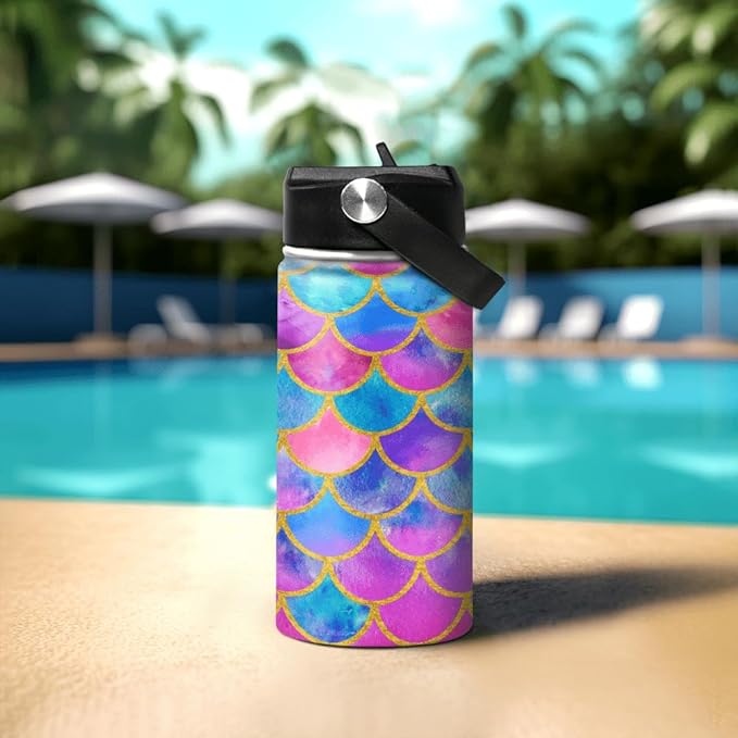 Mermaid Water Bottle for Girls Kids Kid Insulated Water Bottles 12oz Stainless Steel Travel School Tumbler Double Wall Vacuum Cup with Straw