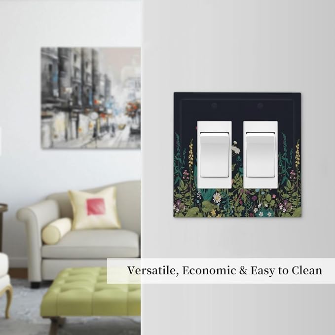 Boho Garden Flowers Weeds Floral Wildflowers Decorative Outlet Covers 2 Gang Double GFCI Rocker Electrical Wall Panels Light Switch Cover Plate for Bedroom Living Room Decor